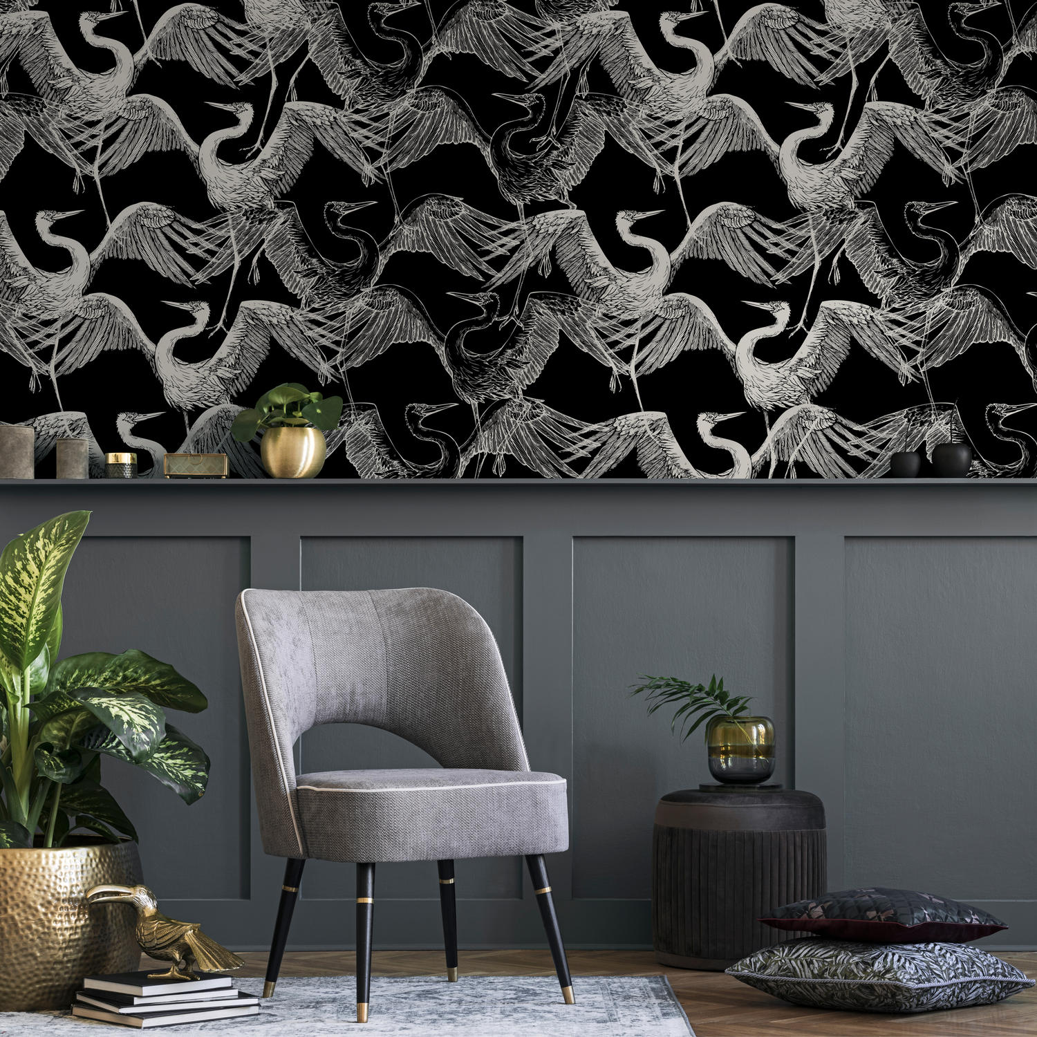 Bird Wallpaper with an Elegant Heron Sketch in Black and White - B681