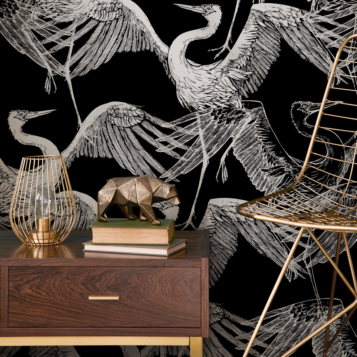 Bird Wallpaper with an Elegant Heron Sketch in Black and White - detail view