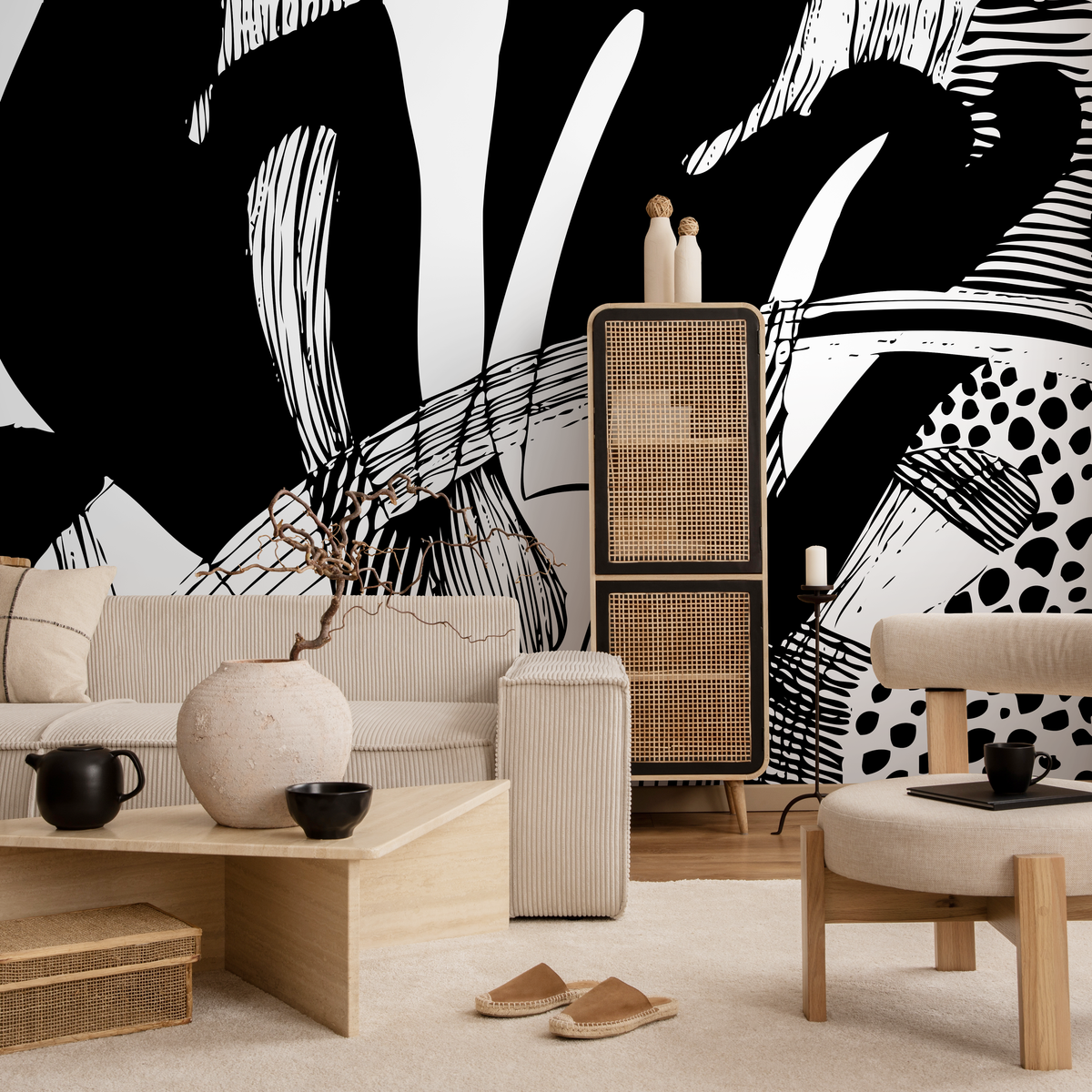 Abstract Wallpaper Featuring Bold Graphic Strokes in Black and White - detail view