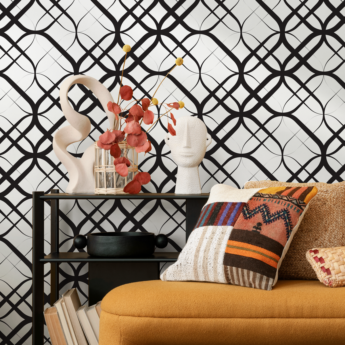 Geometric Wallpaper with Intersecting Curves in Black and White - detail view