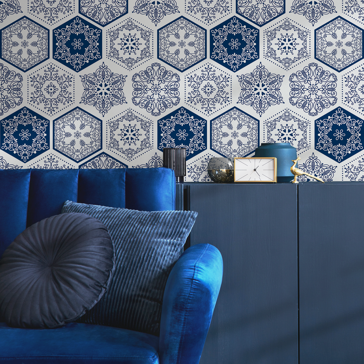 Geometric Wallpaper with a Hexagonal Tile Motif in Blue and White - detail view