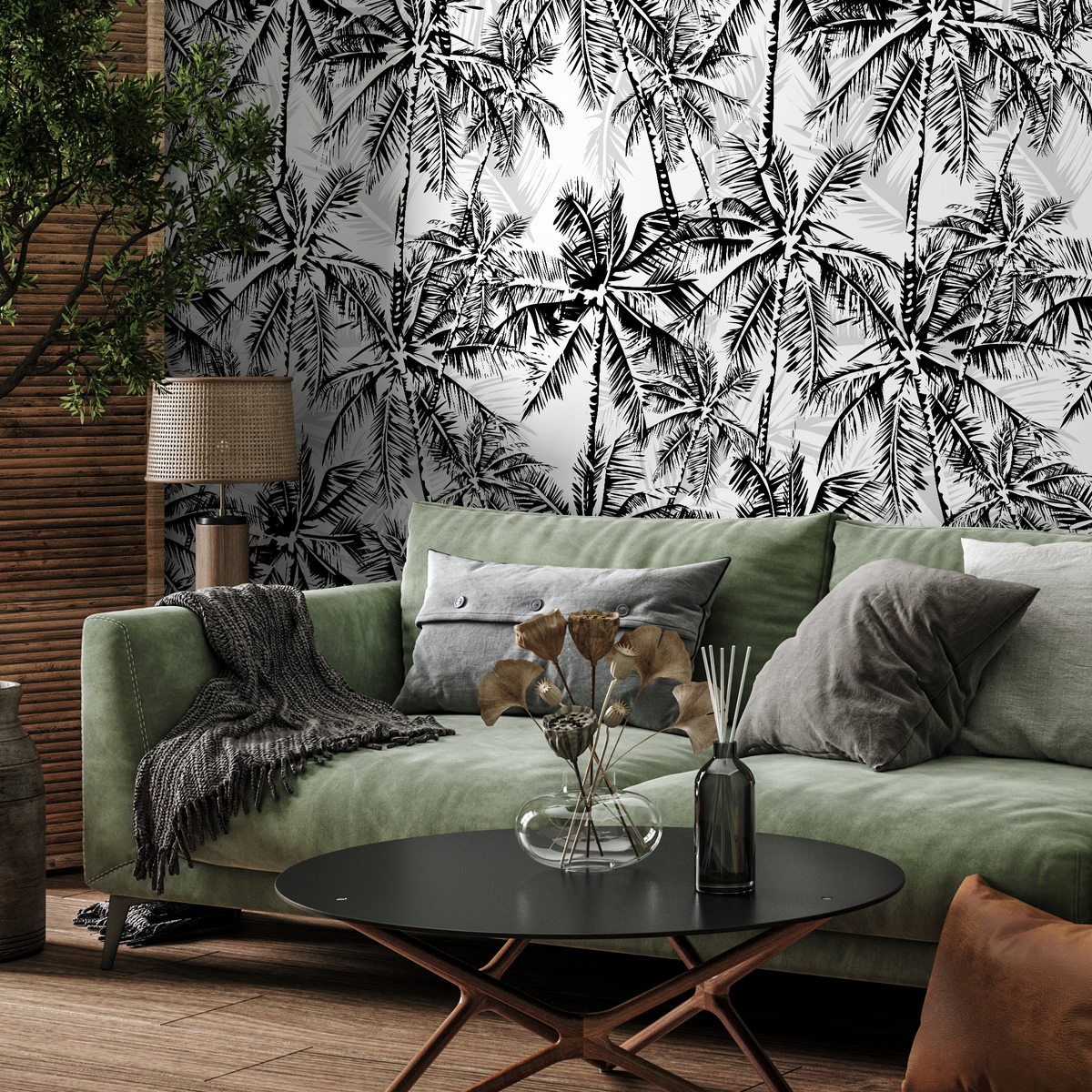 Tropical Wallpaper with Layered Palm Trees in Black and White - detail view