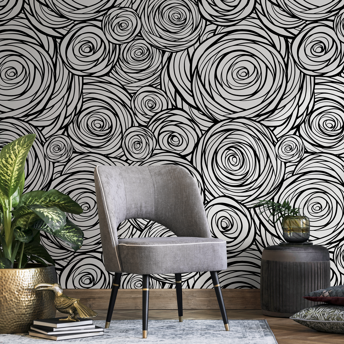 Abstract Wallpaper Featuring Swirling Roses in Black and White - detail view