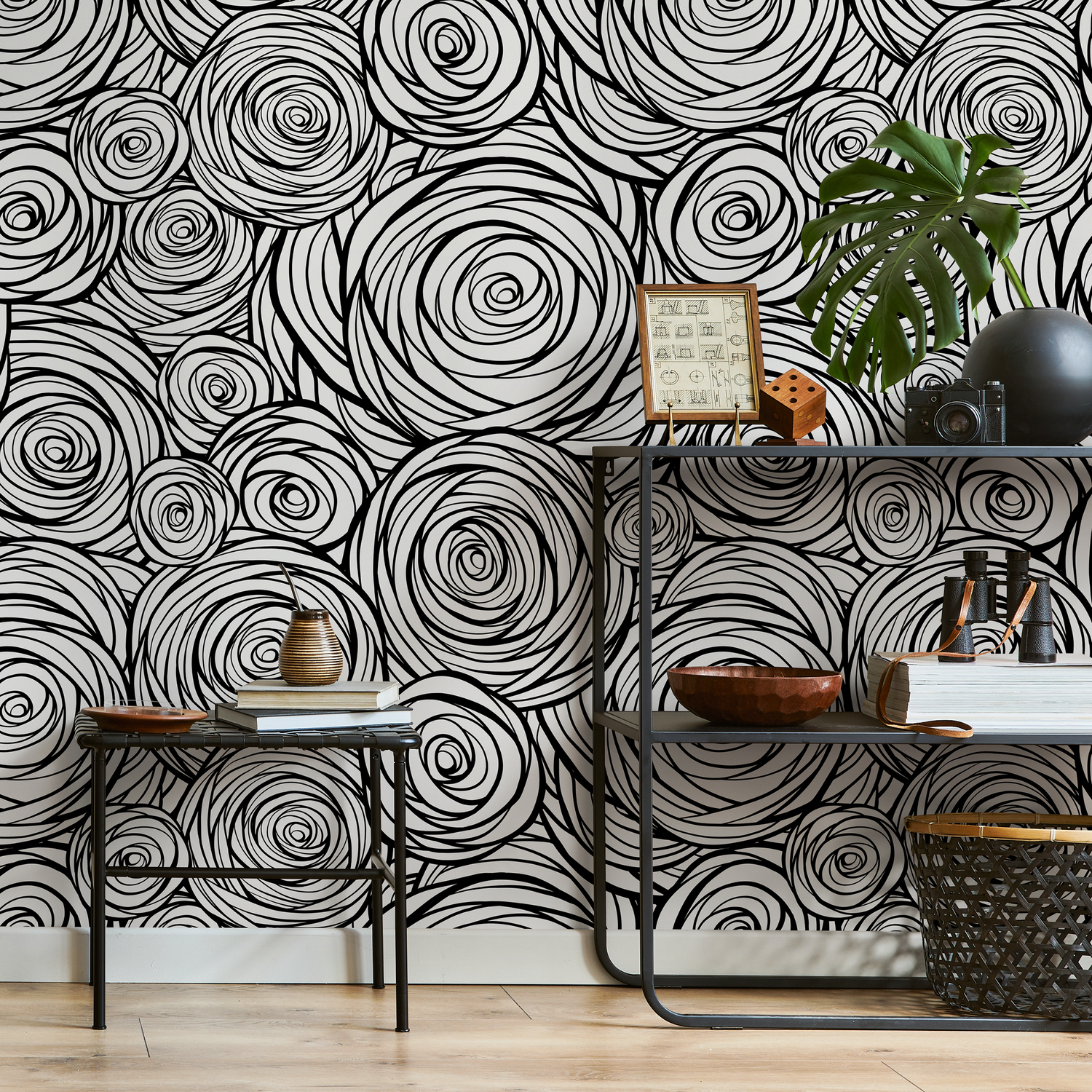 Abstract Wallpaper Featuring Swirling Roses in Black and White - B691