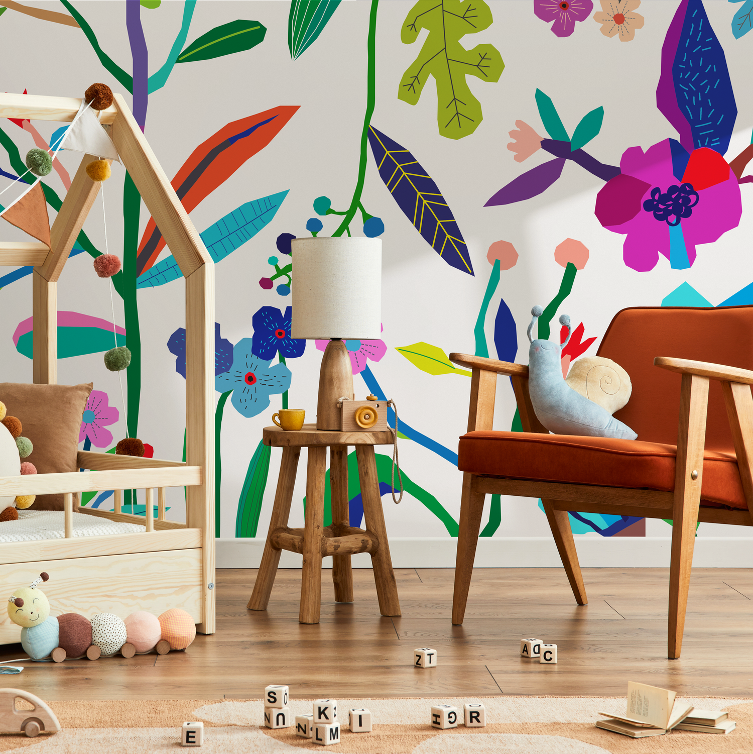 Floral Wallpaper with a Colorful Cutout Design in Blue, Purple, and Green - B692