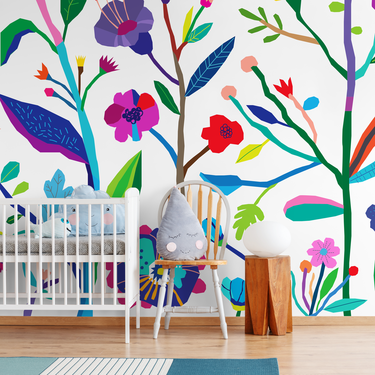 Floral Wallpaper with a Colorful Cutout Design in Blue, Purple, and Green - detail view