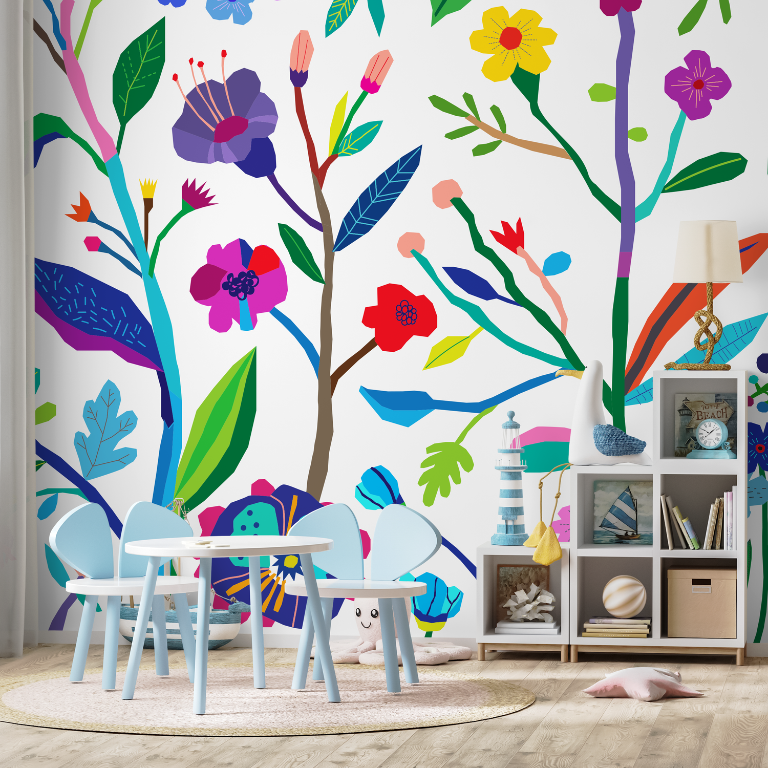 Floral Wallpaper with a Colorful Cutout Design in Blue, Purple, and Green - B692