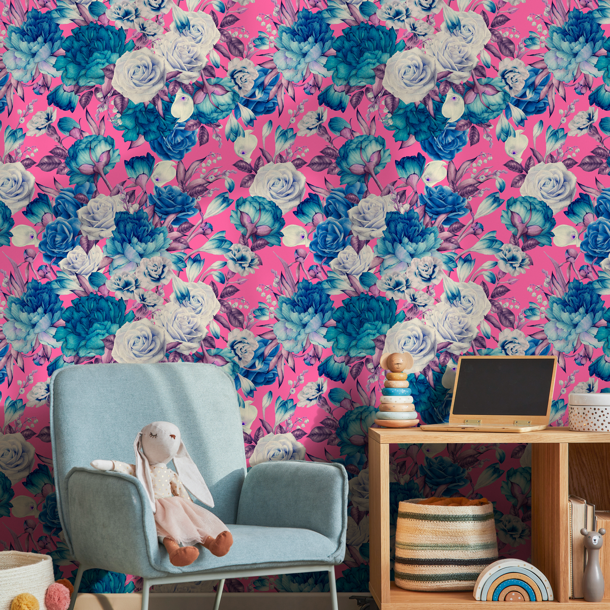 Floral Wallpaper Featuring a Lush Rose Bouquet in Pink, Blue, and White - detail view