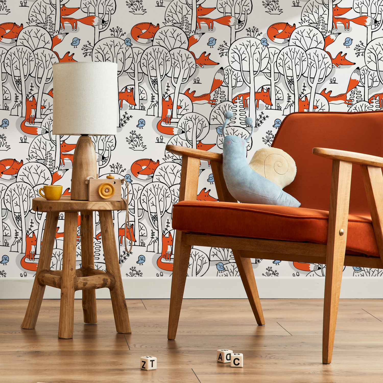 Woodland Wallpaper Featuring Hand-Drawn Foxes and Birds in Orange, Black, and Blue - B698