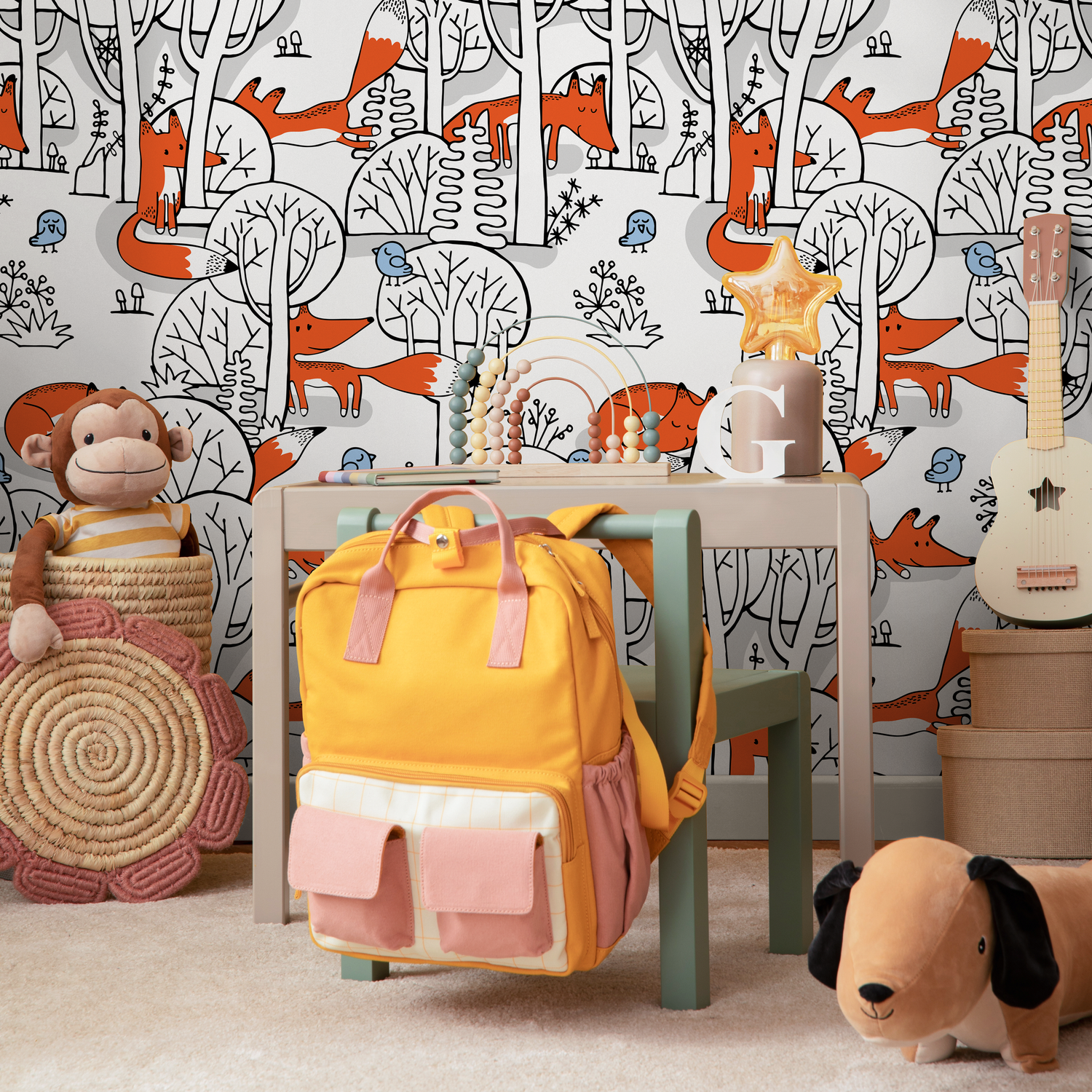 Woodland Wallpaper Featuring Hand-Drawn Foxes and Birds in Orange, Black, and Blue - B698