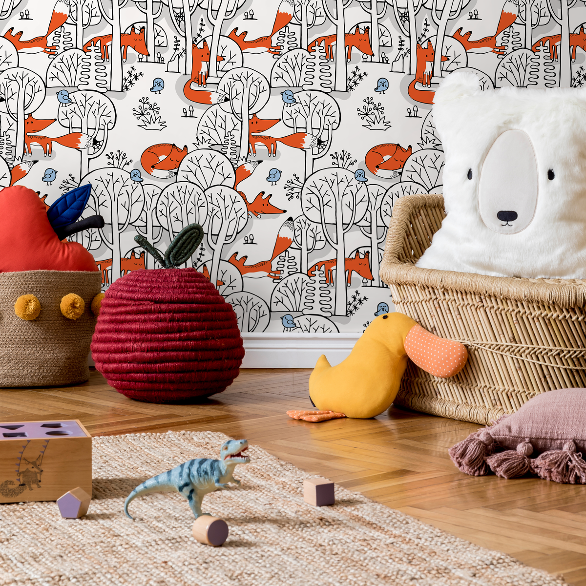 Woodland Wallpaper Featuring Hand-Drawn Foxes and Birds in Orange, Black, and Blue - detail view