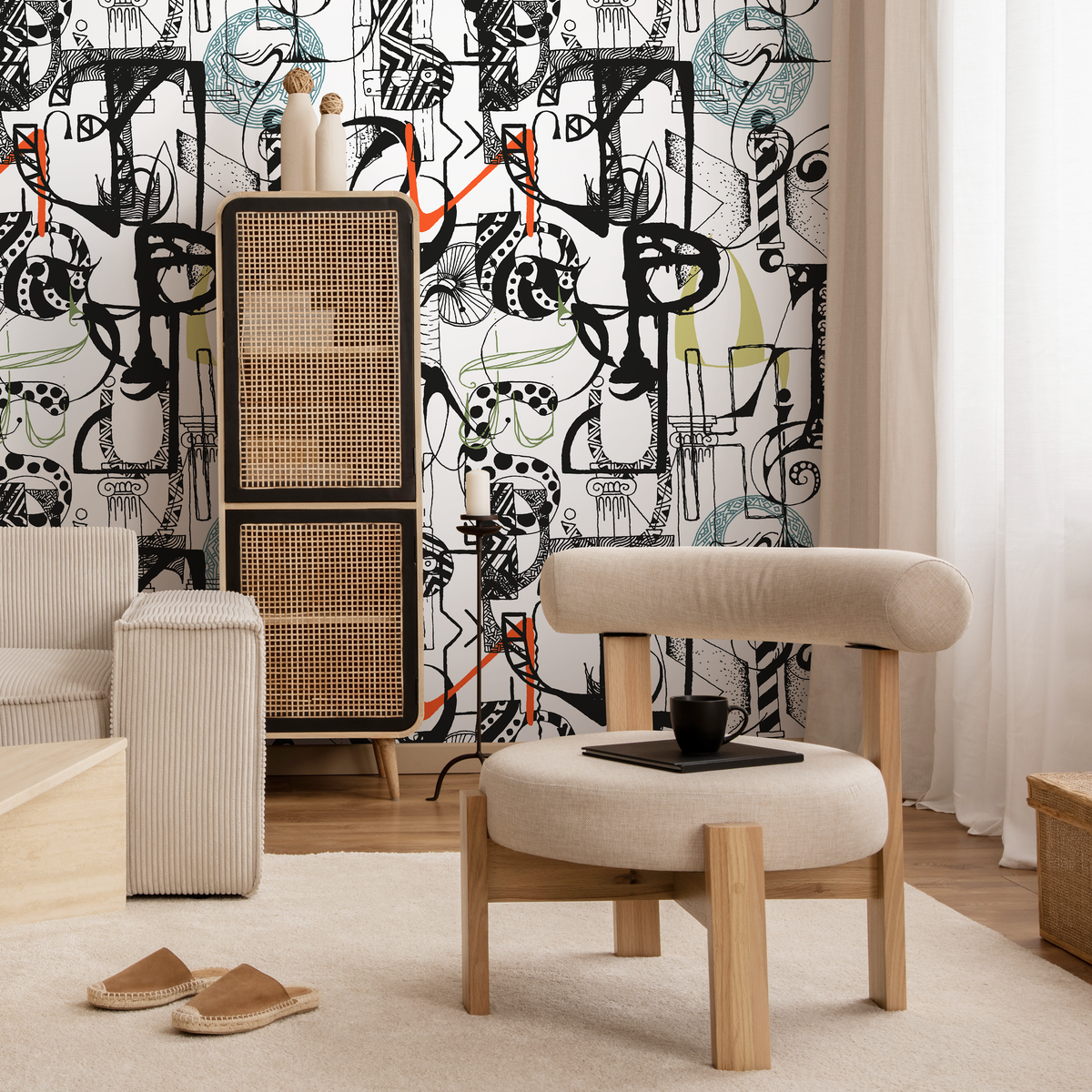 Abstract Wallpaper with a Cubist Art Collage in Black, Teal, and Orange - detail view
