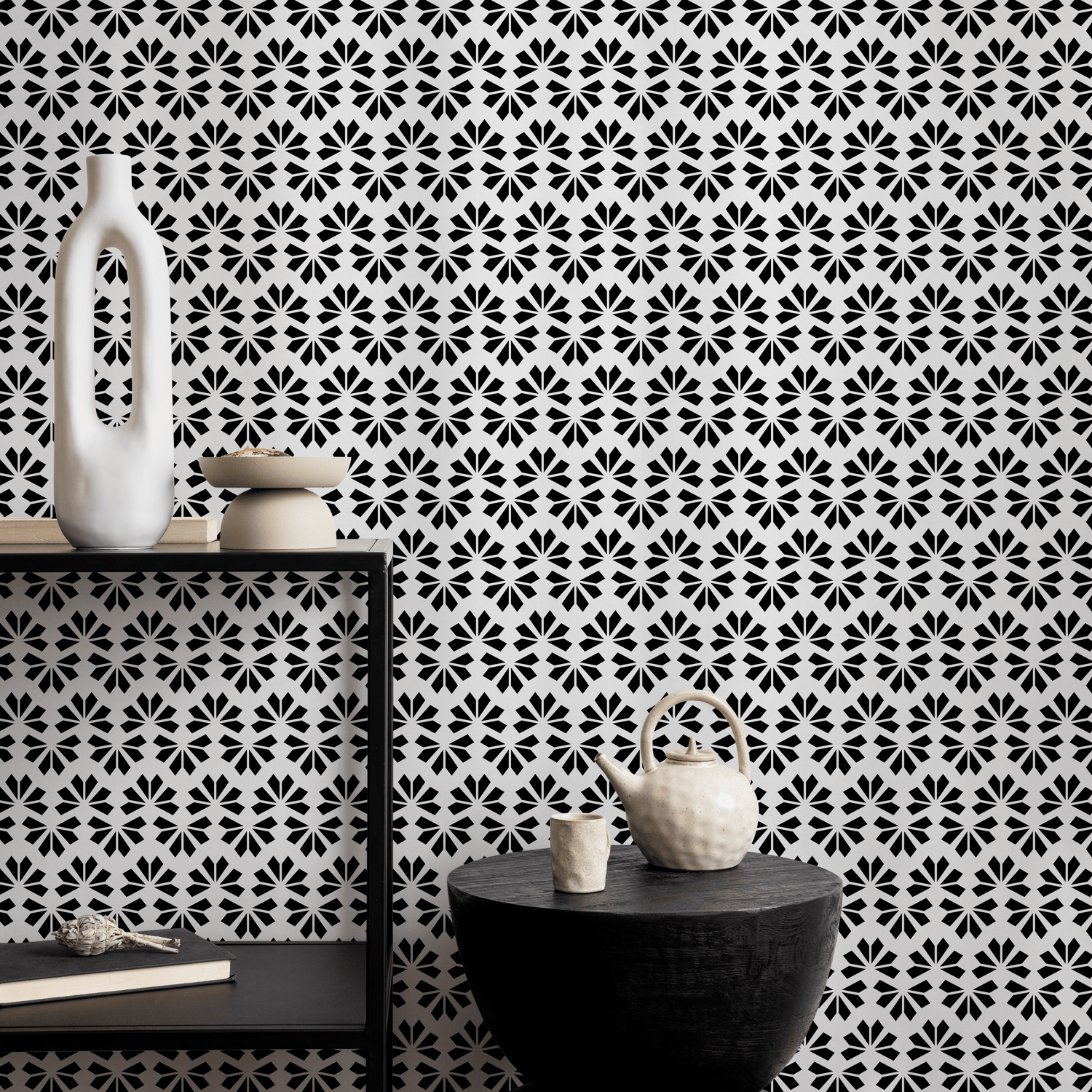 Art Deco Wallpaper with a Geometric Fan Pattern in Black and White - B701