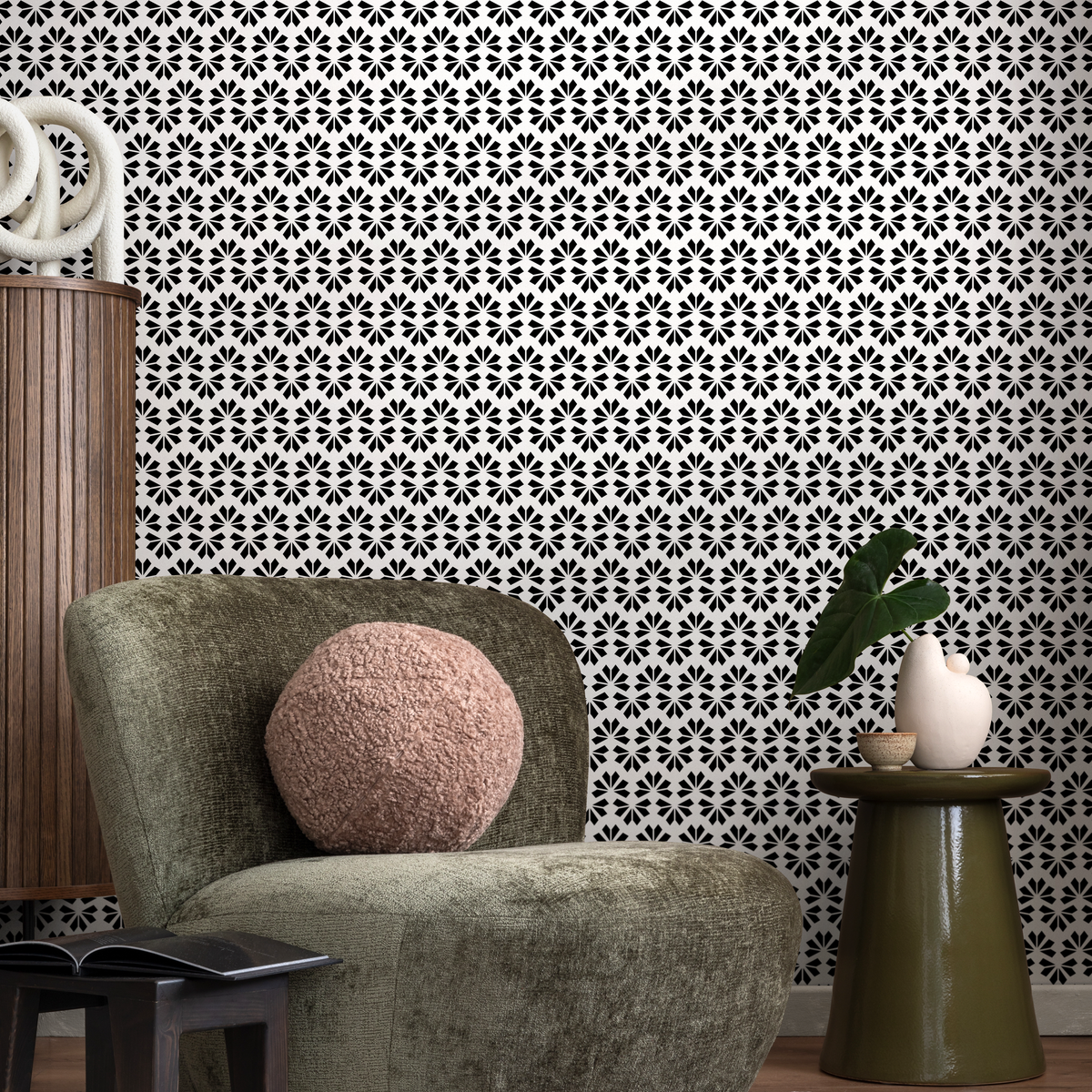 Art Deco Wallpaper with a Geometric Fan Pattern in Black and White - detail view