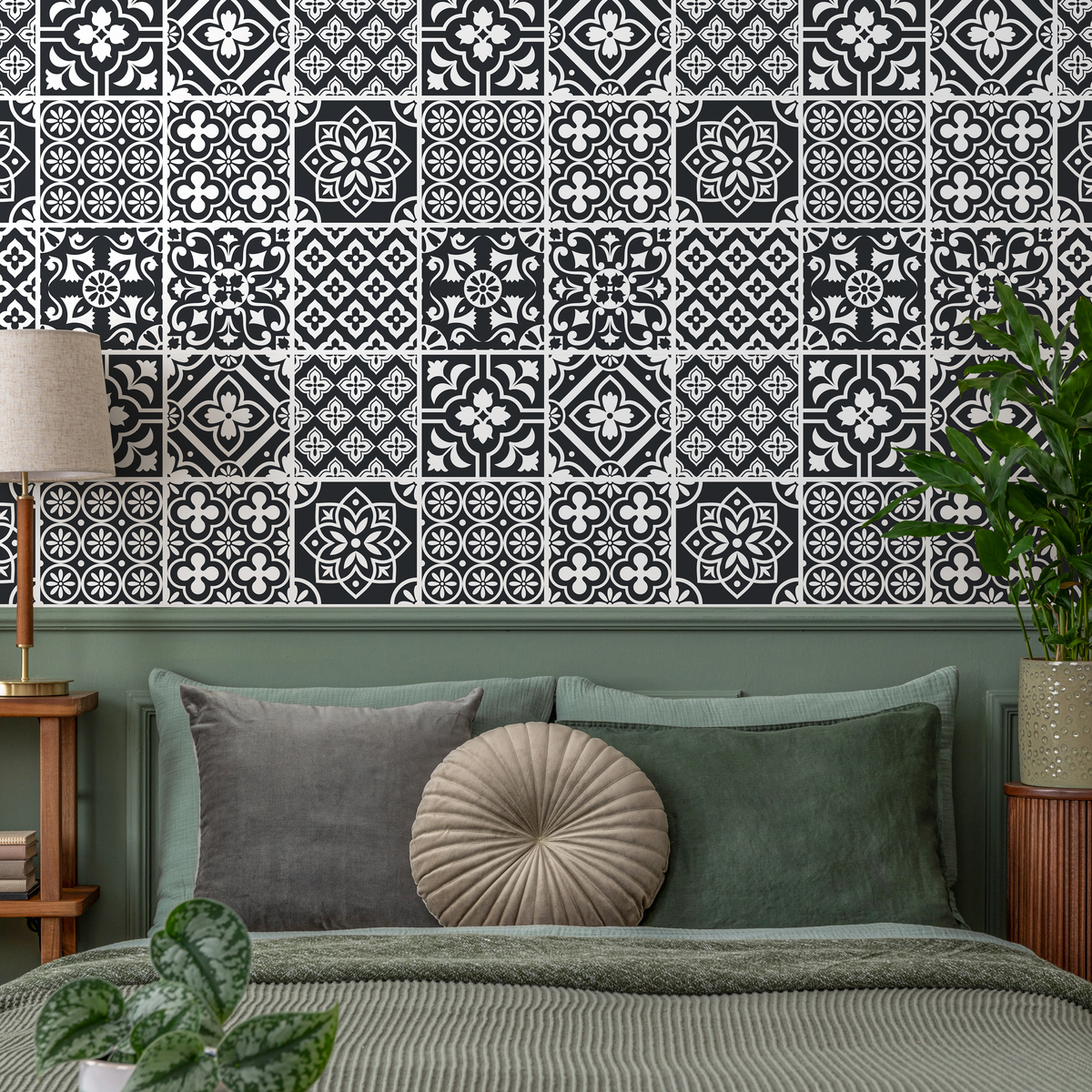 Tile Wallpaper with Ornate Geometric Patterns in Black and White - detail view