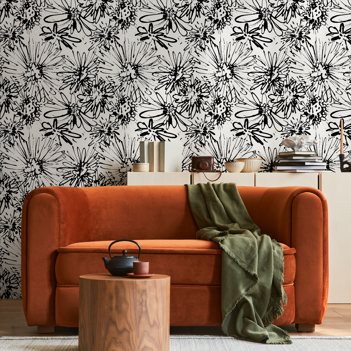 Floral Wallpaper with an Abstract Sketch Motif in Black and White - detail view