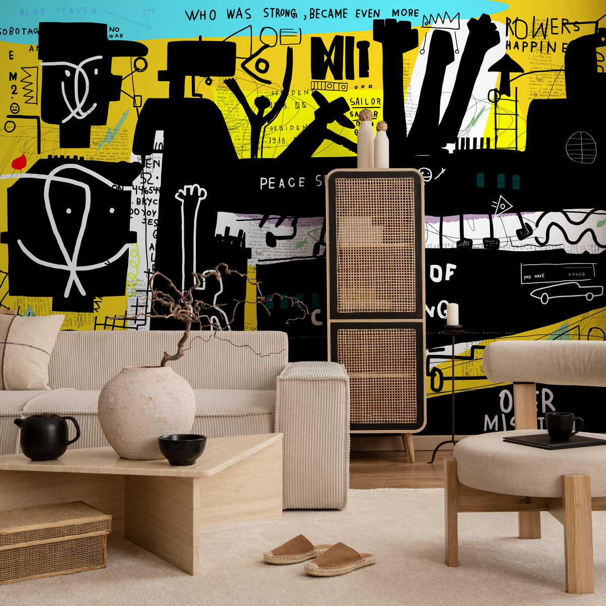 Street Art Wallpaper with an Expressive Collage in Black, Yellow, and White - detail view