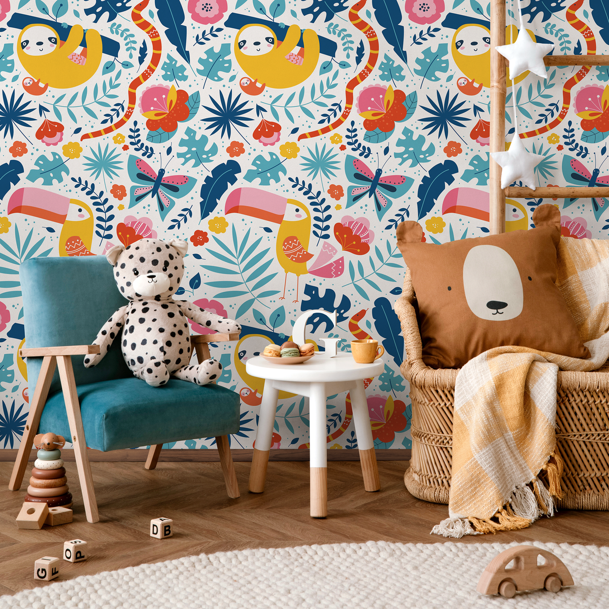 Jungle Wallpaper with Cute Sloths and Tropical Leaves in Yellow, Pink, and Blue - detail view