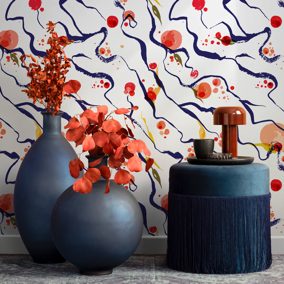Abstract Wallpaper with Painterly Brushstrokes in Blue, Red, and Orange - detail view