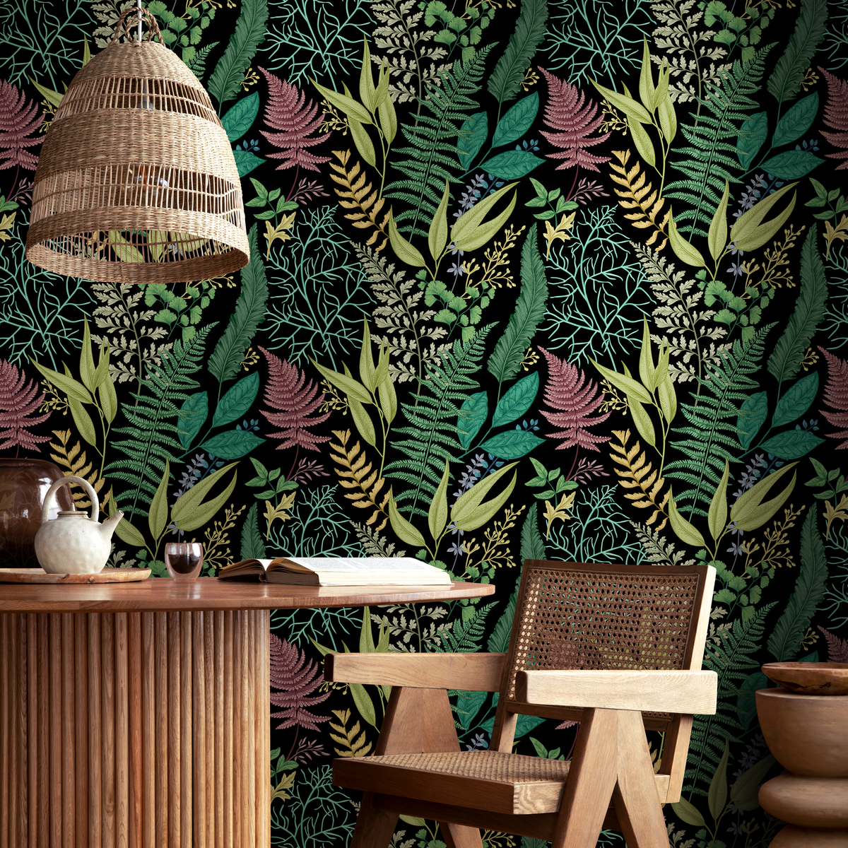 Botanical Wallpaper with Lush Ferns in Green, Red, and Gold - detail view