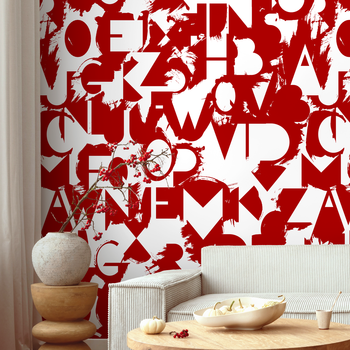 Typography Wallpaper with a Bold Deconstructed Letter Motif in Red - detail view