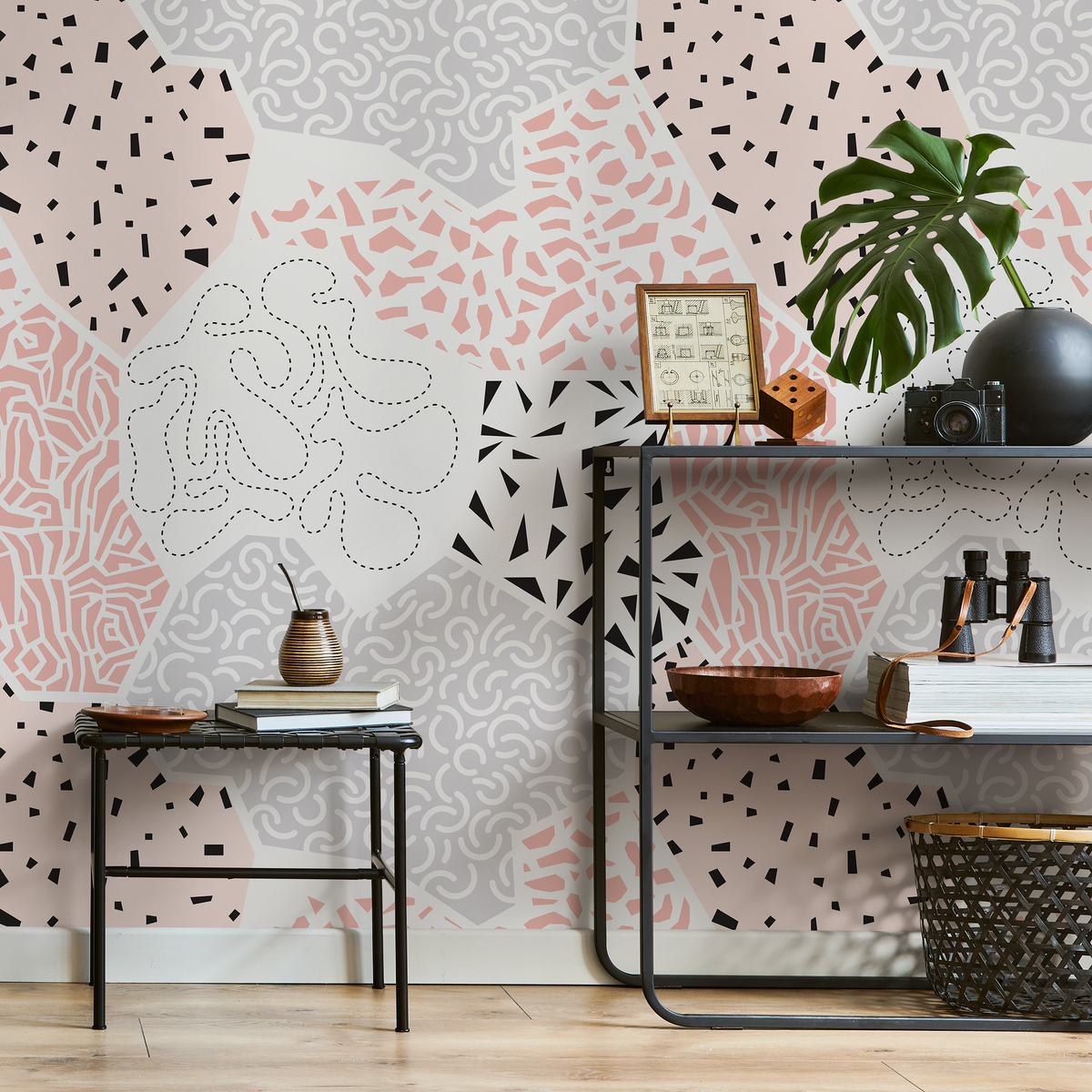Abstract Wallpaper with a Patchwork of Patterns in Pink, Black, and Grey - detail view