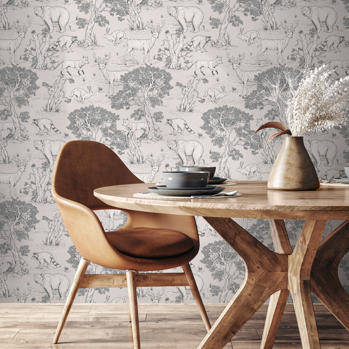 Woodland Wallpaper Featuring Bears, Deer, and Foxes in Gray and Beige - detail view