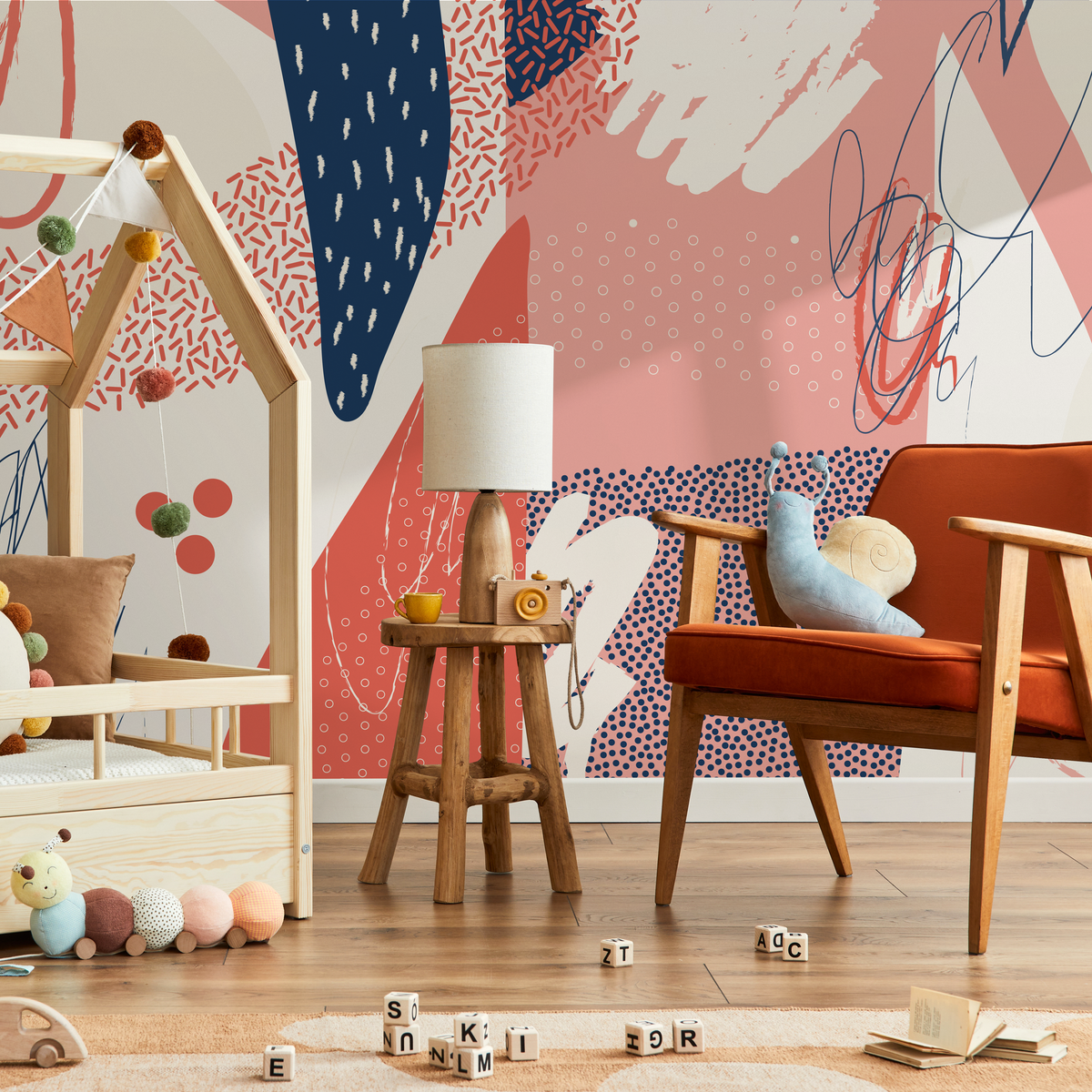 Modern Abstract Wallpaper with Bold Brushstrokes in Navy Blue, Coral, and Beige - detail view