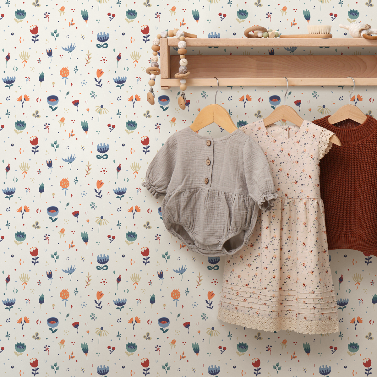 Floral Wallpaper with a Whimsical Folk Art Motif in Blue, Red, and Orange - detail view