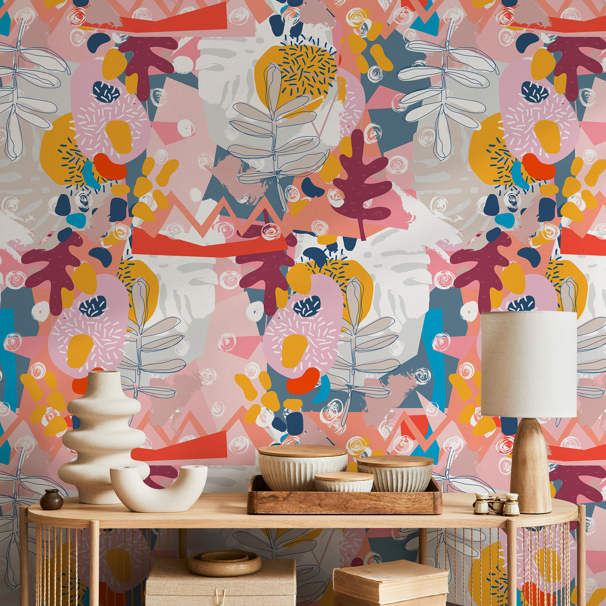 Abstract Wallpaper with Botanical Shapes and Collage Elements in Pink, Yellow, and Blue - detail view