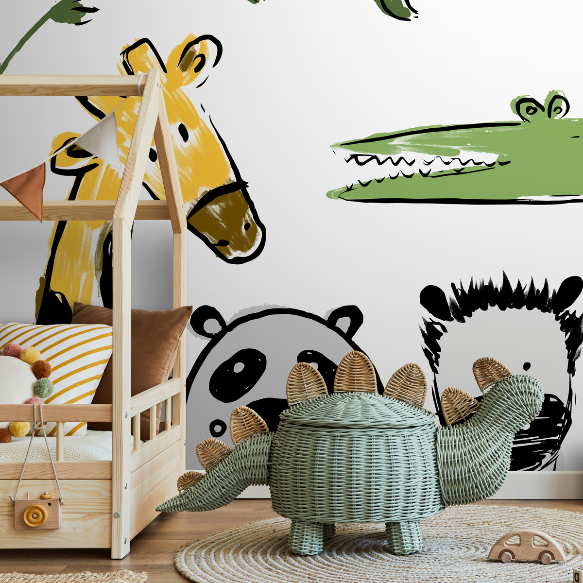 Animal Wallpaper with Sketchy Safari Animals in Yellow, Green, and Black - detail view