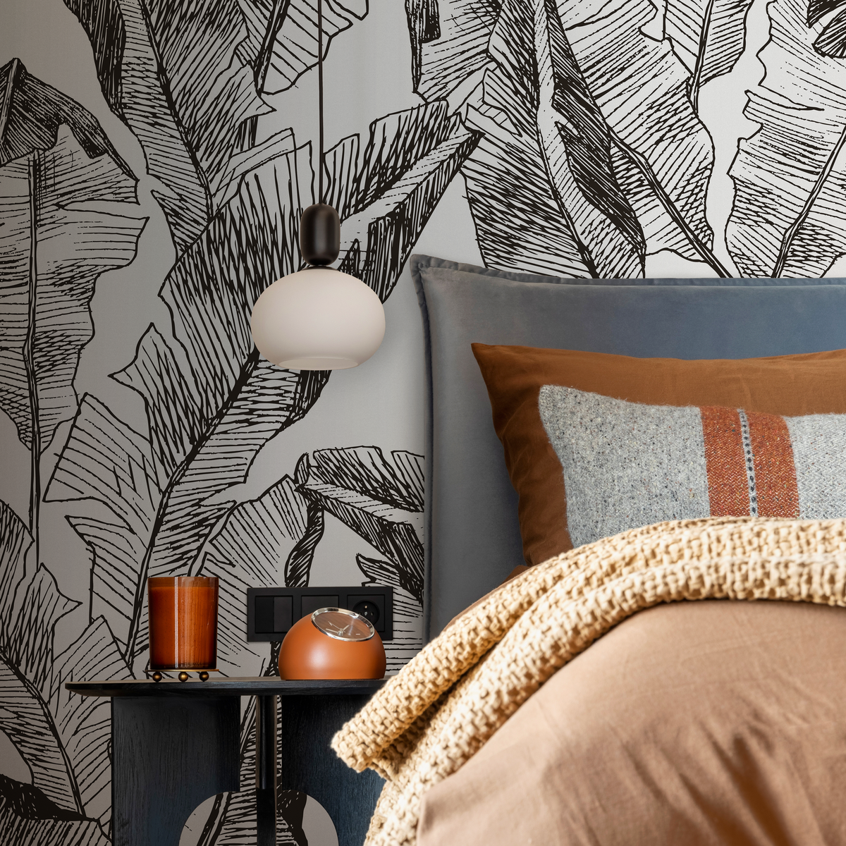 Botanical Wallpaper with Hand-Drawn Banana Leaves in Black and White - detail view