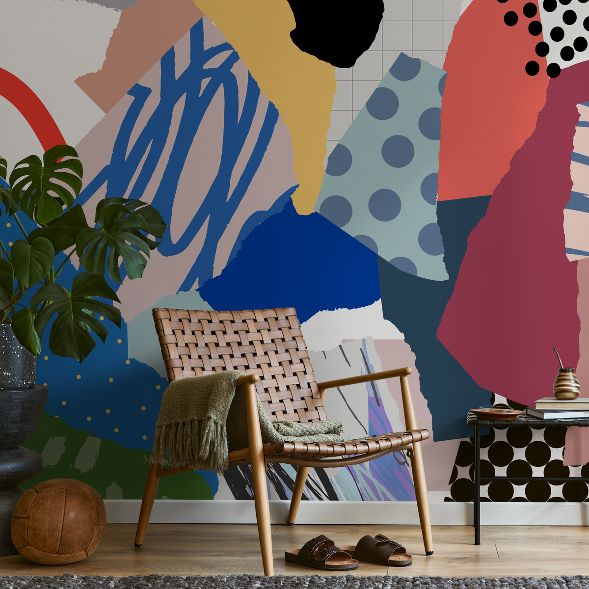 Abstract Wallpaper with a Modern Collage Motif in Blue, Red, and Yellow - detail view
