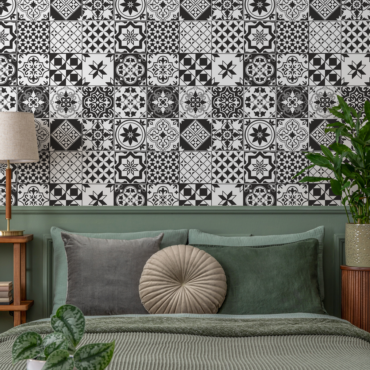 Tile Wallpaper with a Patchwork Design in Black and White - detail view