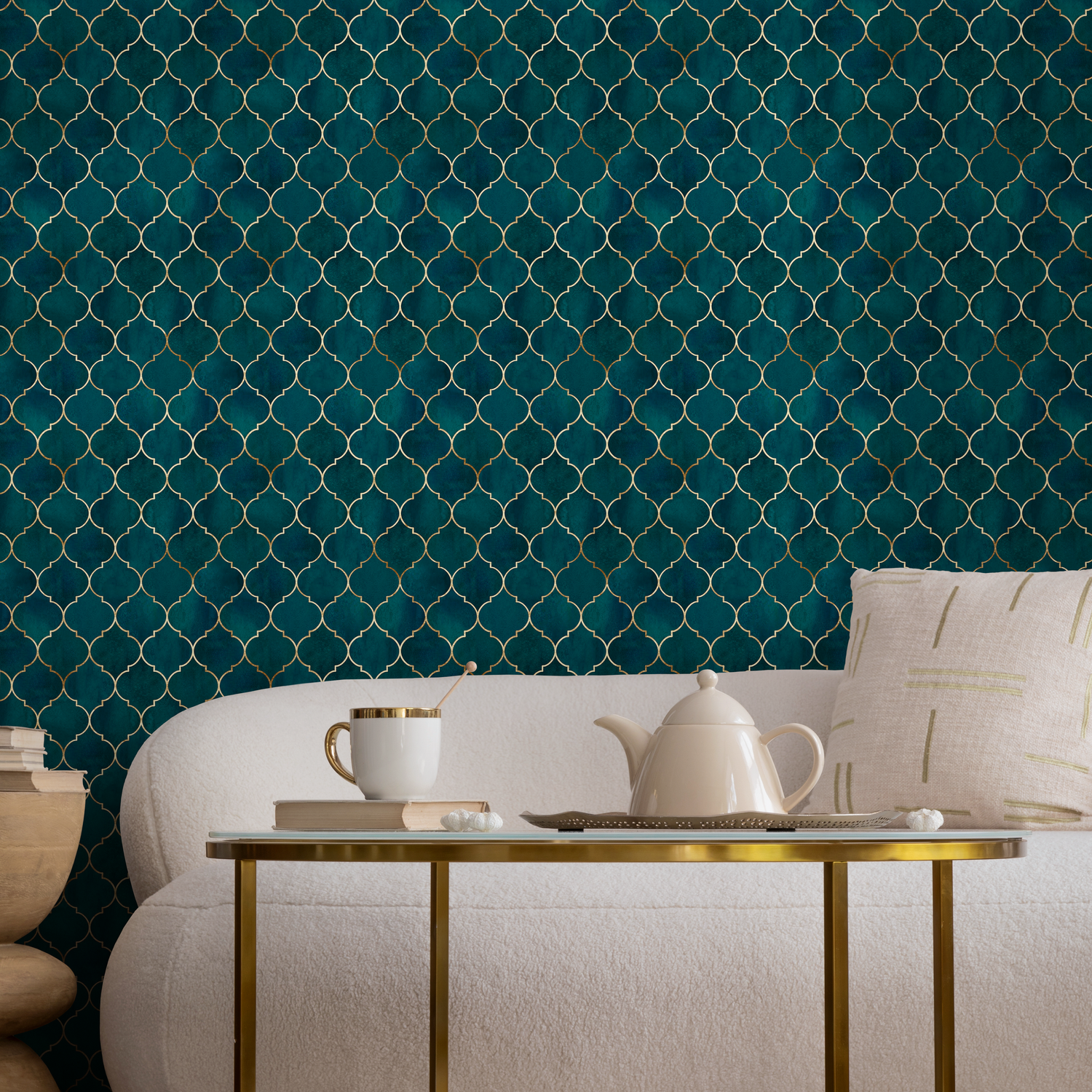 Geometric Wallpaper with a Moroccan Trellis Motif in Teal and Gold - B729