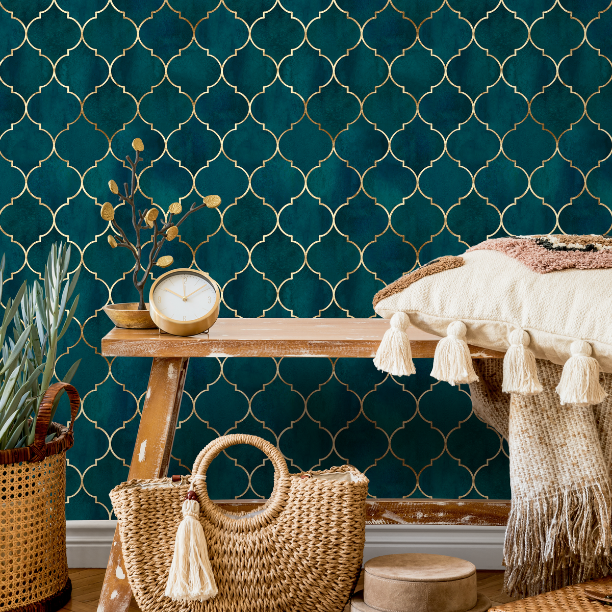 Art Deco Geometric Wallpaper with a Moroccan Trellis Motif in Teal and Gold - detail view