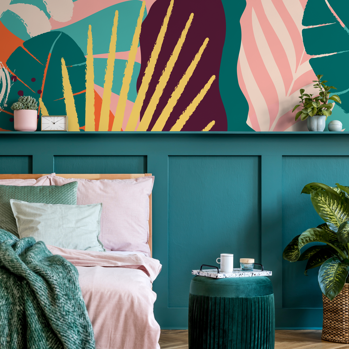 Abstract Wallpaper with a Bold Collage of Shapes in Orange, Teal, and Pink - detail view