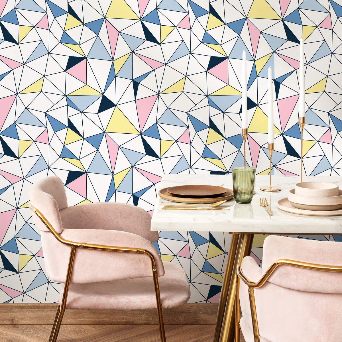 Geometric Wallpaper Featuring a Colorful Triangle Mosaic in Blue, Pink, and Yellow - detail view
