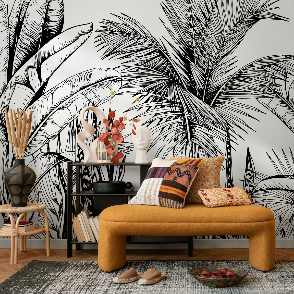 Botanical Wallpaper with Hand-Drawn Tropical Leaves in Black and White - detail view