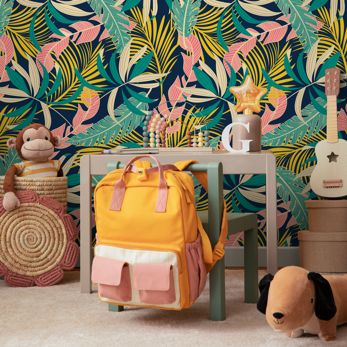 Tropical Wallpaper with Layered Palm Leaves in Teal, Yellow, and Pink - detail view