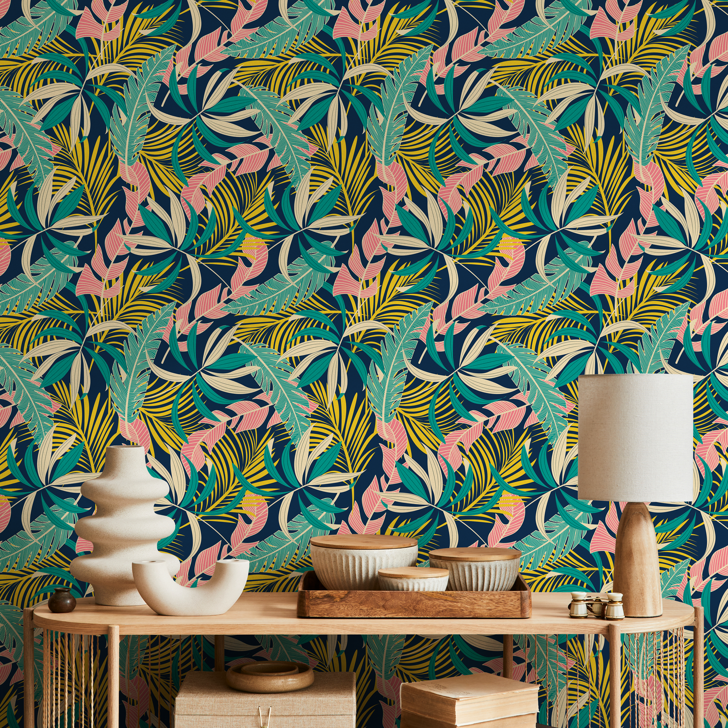Tropical Wallpaper with Layered Palm Leaves in Teal, Yellow, and Pink - B733