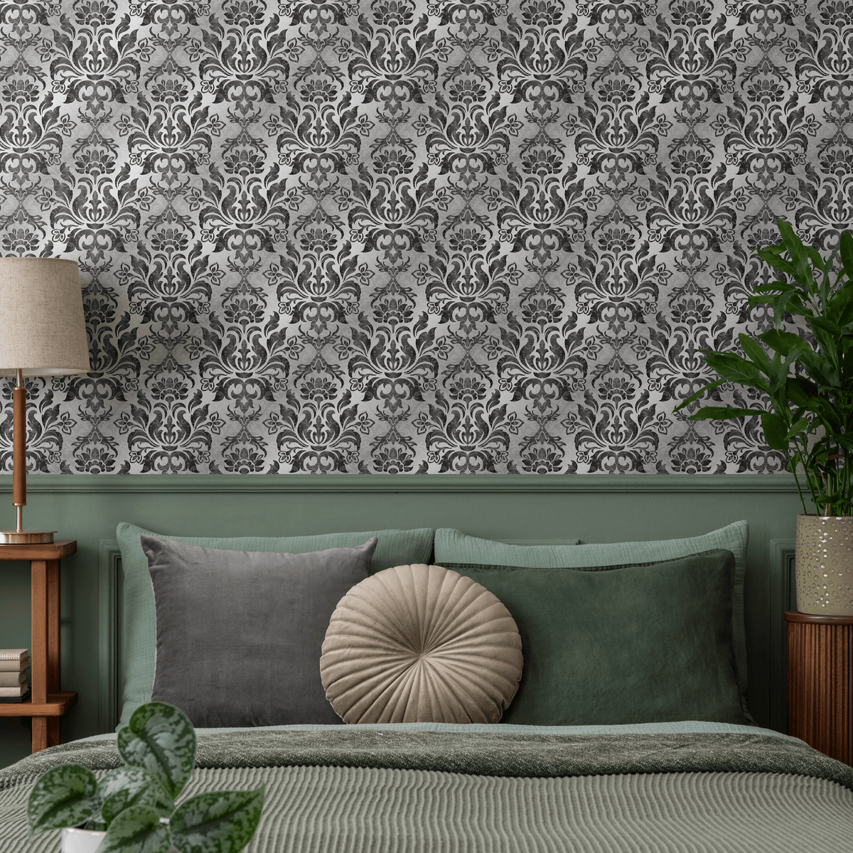 Damask Wallpaper with an Elegant Motif in Black and Grey - detail view
