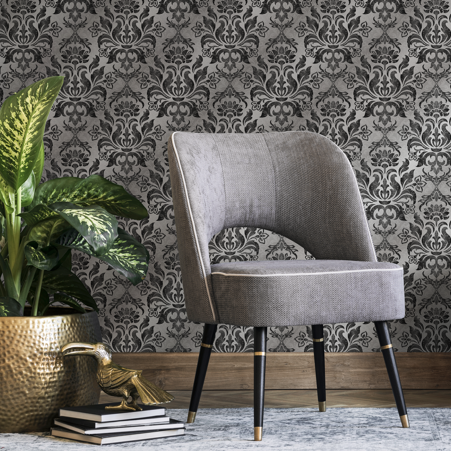 Papel pintado autoadhesivo, papel pintado extraíble, decoración del hogar, arte de pared, decoración de habitaciones / Papel pintado damasco negro vintage - B734