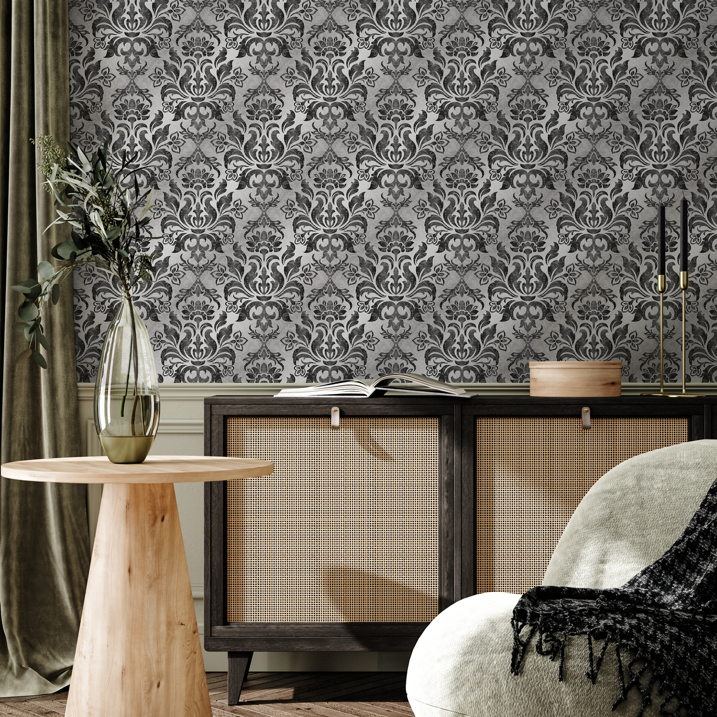 Wallpaper Peel and Stick Wallpaper Removable Wallpaper Home Decor Wall Art Wall Decor Room Decor / Vintage Black Damask Wallpaper - B734