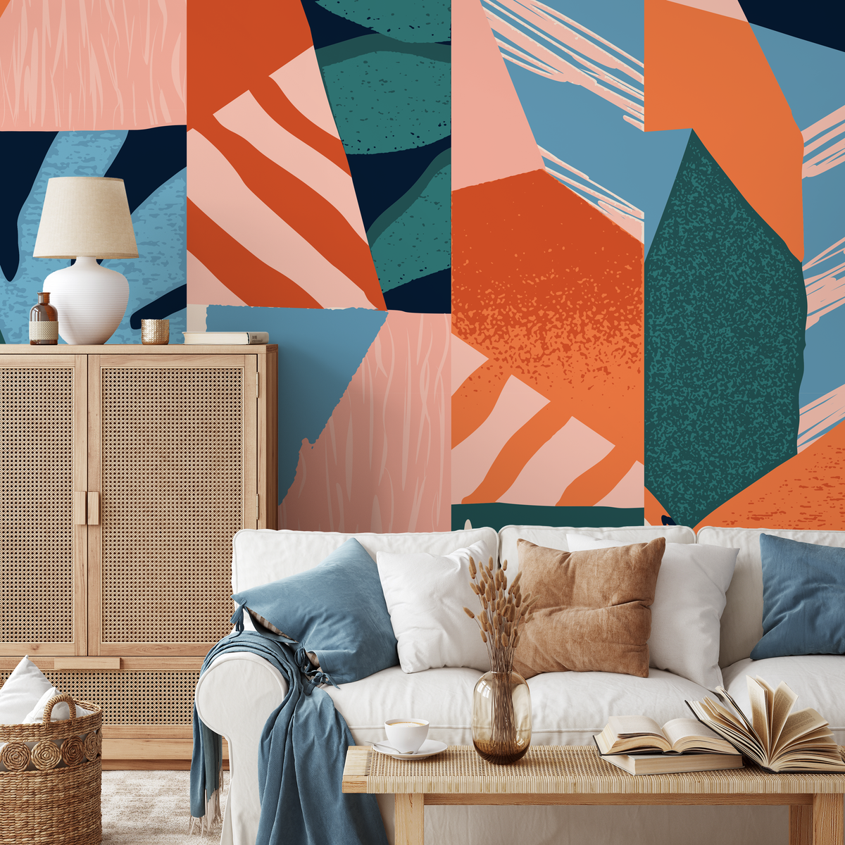 Abstract Wallpaper with a Modern Textured Collage in Terracotta, Blue, and Teal - detail view