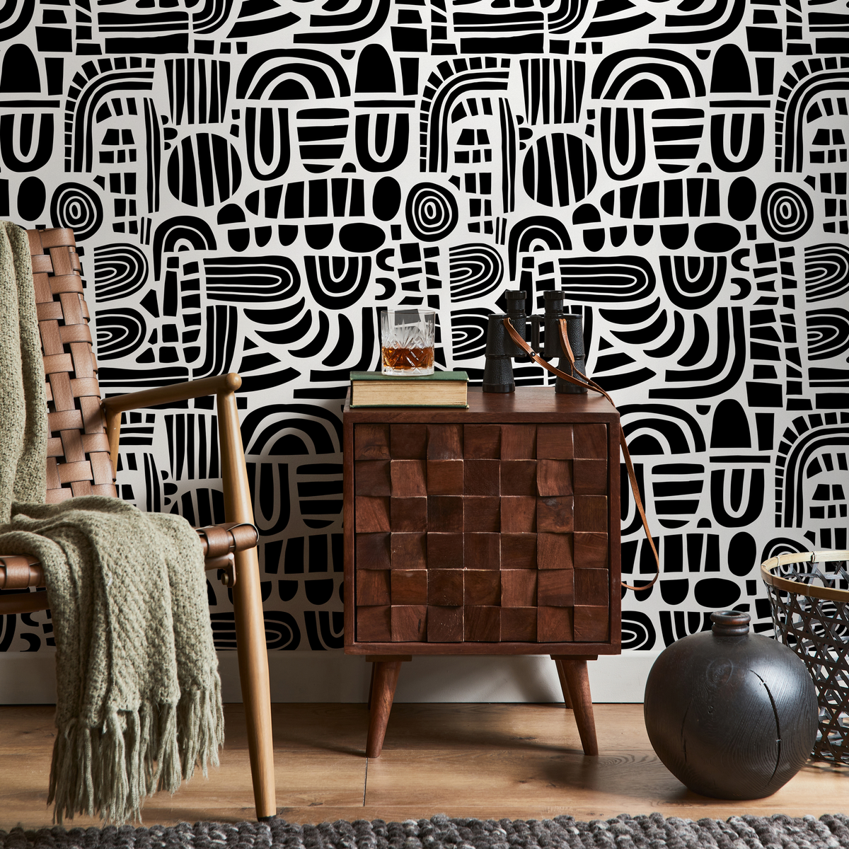 Abstract Wallpaper with a Graphic Block Print Motif in Black and White - detail view