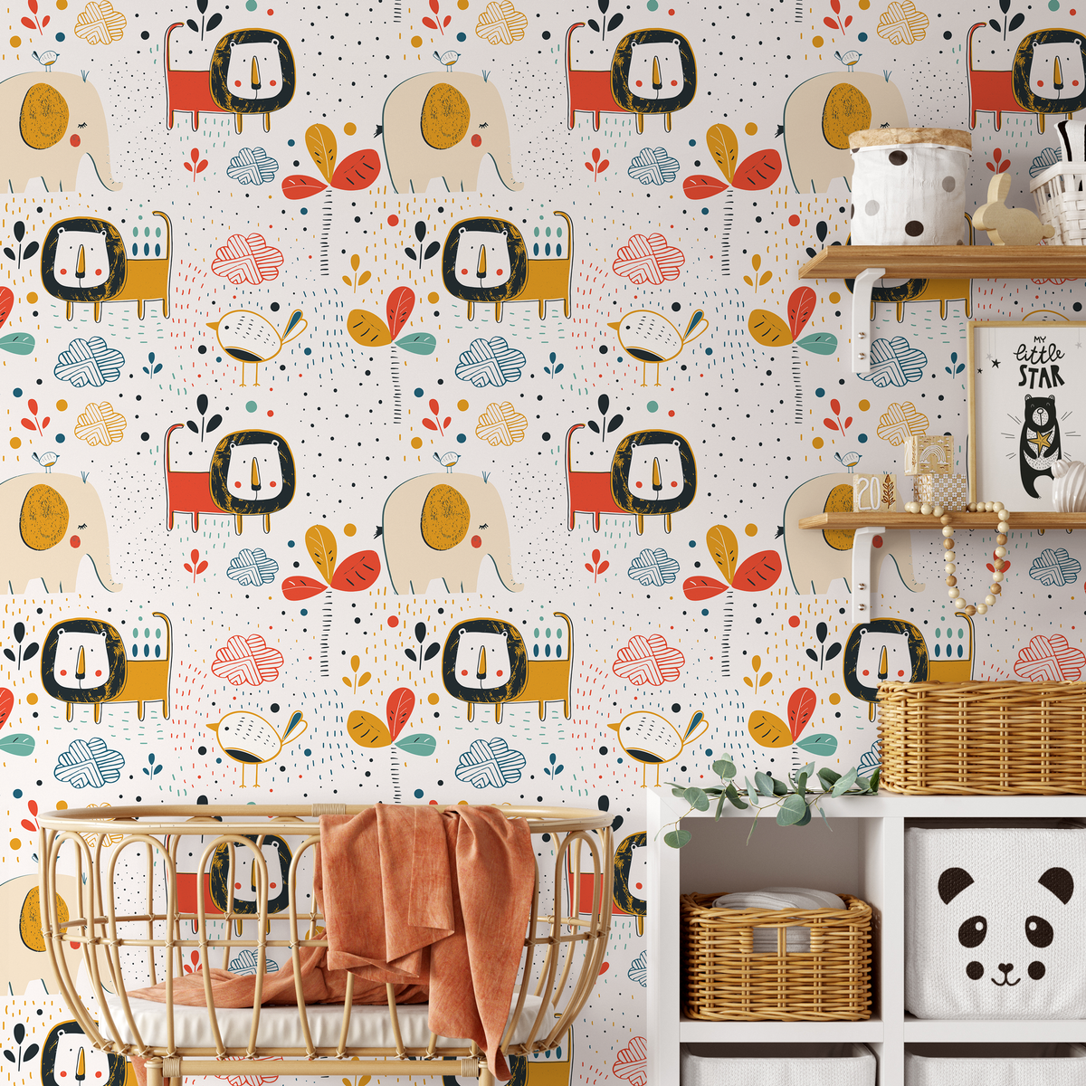 Animal Wallpaper with Nordic Style Lions and Elephants in Red, Yellow, and Blue - detail view