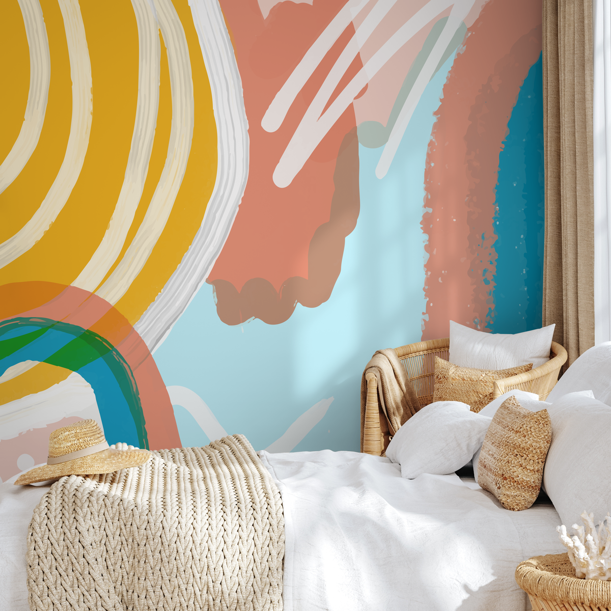 Abstract Wallpaper with a Rainbow Motif in Yellow, Blue, and Terracotta - detail view