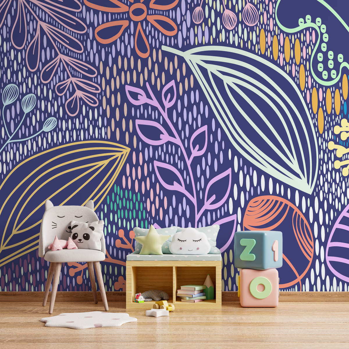 Abstract Wallpaper with Whimsical Foliage in Purple, Orange, and Mint - detail view