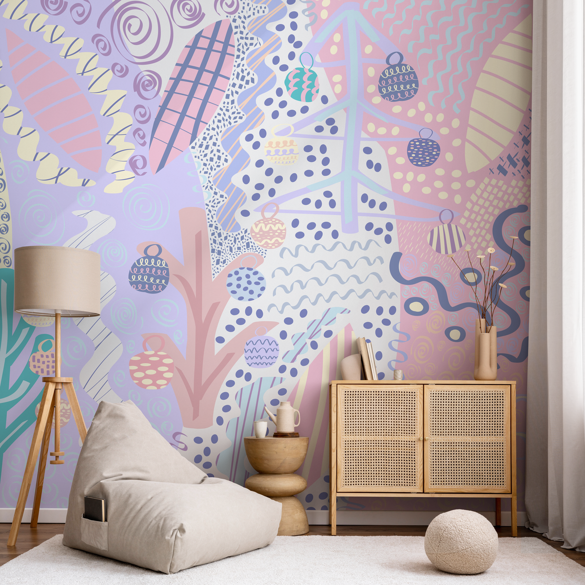 Abstract Wallpaper with Whimsical Doodles in Pink, Blue, and Lavender - detail view